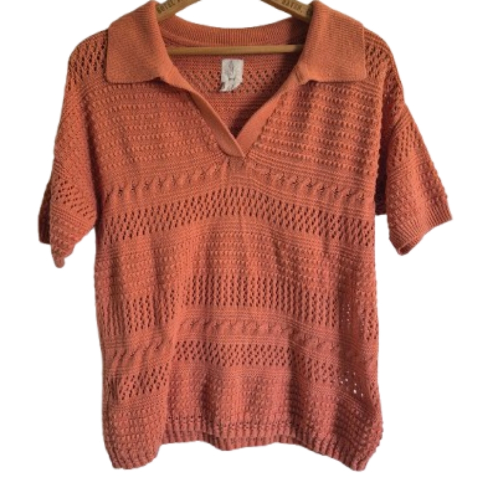 Joie Open Knit Collared Coral Shirt